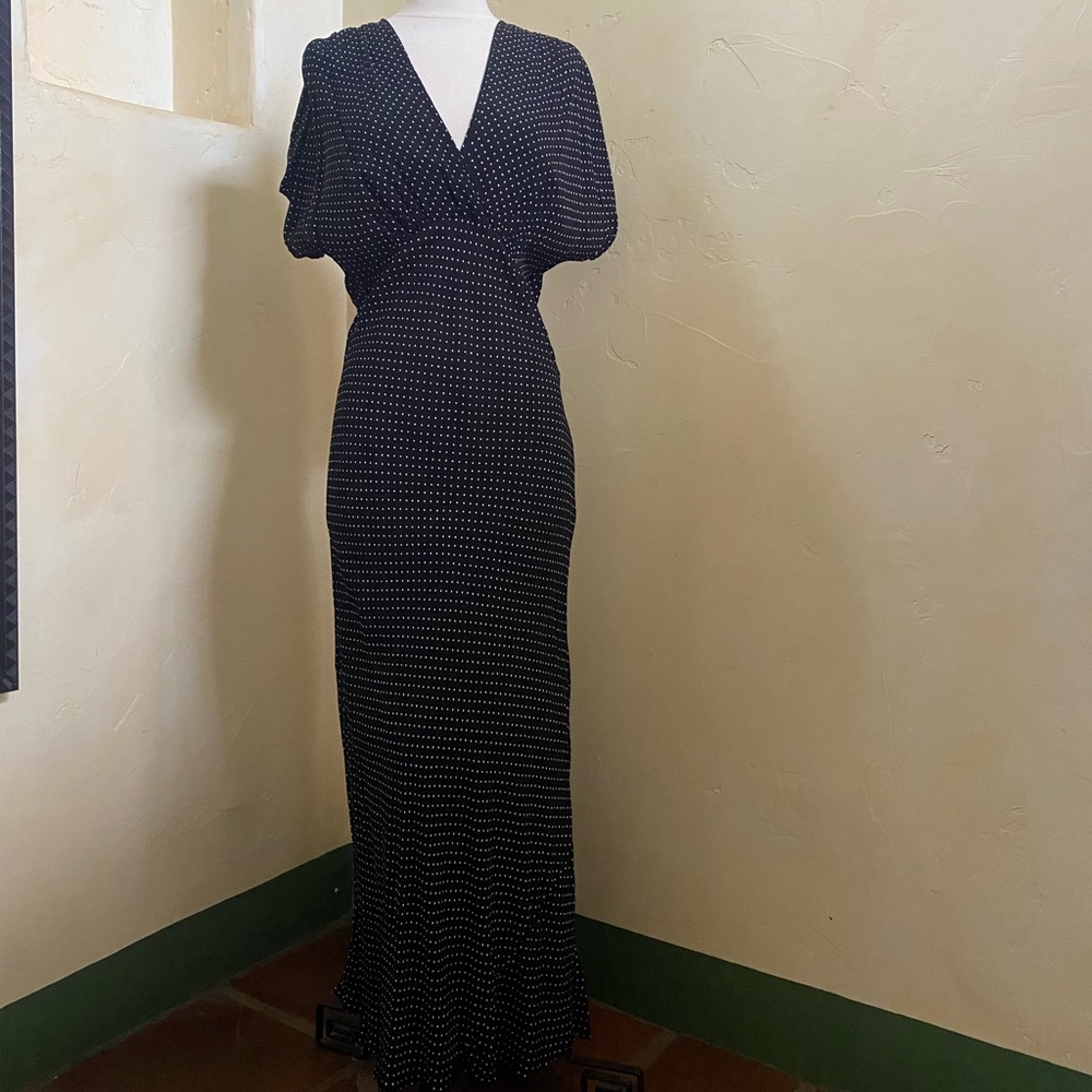 Black and white tiny polka dot bias cut dress